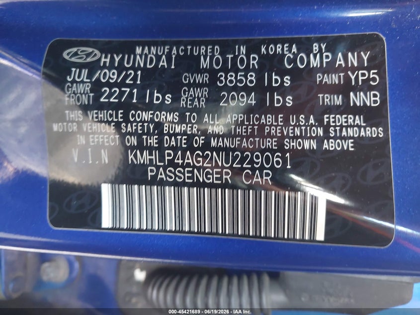 2022 Hyundai Elantra VIN KMHLP4AG2NU229061 IAAI salvage auction — LEFT SIDE, Salvage Title, sold $3,250 on 2026-07-28 (photo 9)