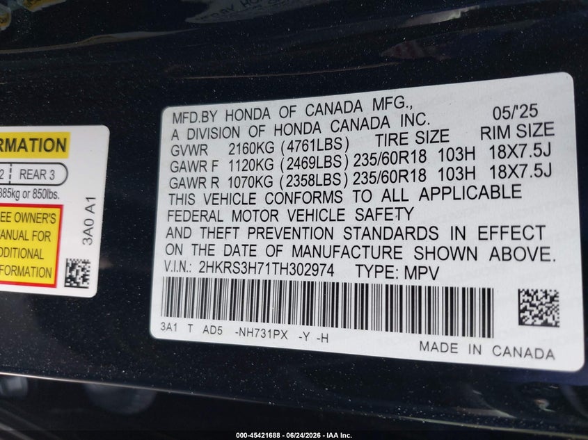 2026 Honda Cr-v VIN 2HKRS3H71TH302974 IAAI salvage auction — LEFT SIDE, Salvage Title, sold $13,000 on 2026-07-31 (photo 9)