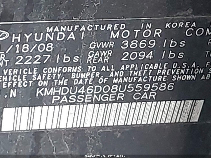 2008 Hyundai Elantra VIN KMHDU46D08U559586 IAAI salvage auction — FRONT & REAR, Bill Of Sale (New York), sold $425 on 2026-07-14 (photo 9)