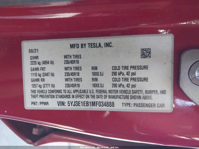 2021 Tesla Model 3 VIN 5YJ3E1EB1MF034888 IAAI salvage auction — LEFT SIDE, Salvage Title, sold $6,300 on 2026-07-29 (photo 9)