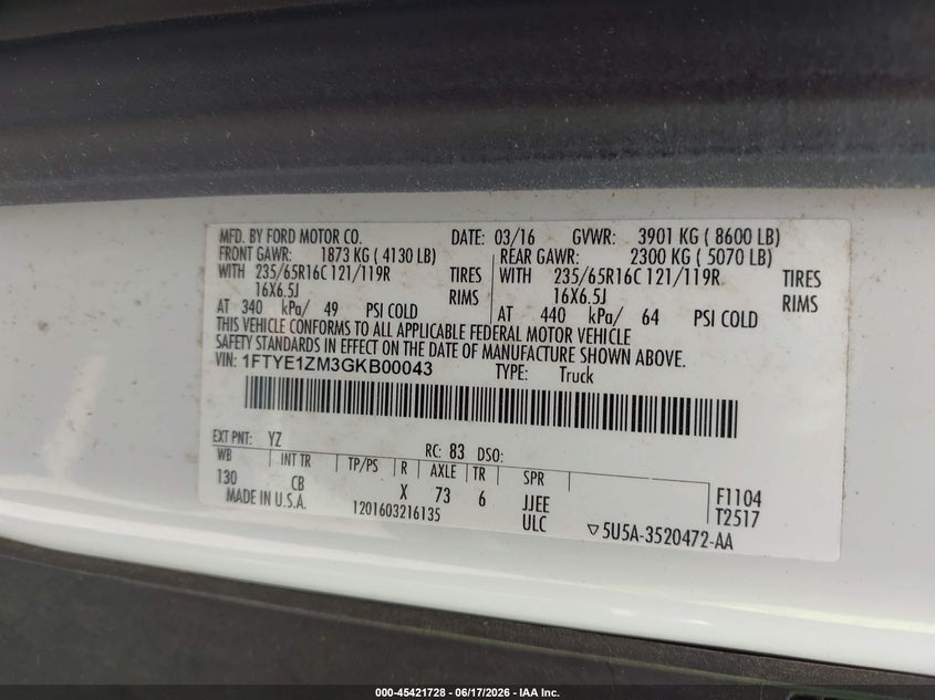2016 Ford Transit 150 VIN 1FTYE1ZM3GKB00043 IAAI salvage auction — NORMAL WEAR, SF97 (Virginia), sold $14,650 on 2026-07-22 (photo 9)