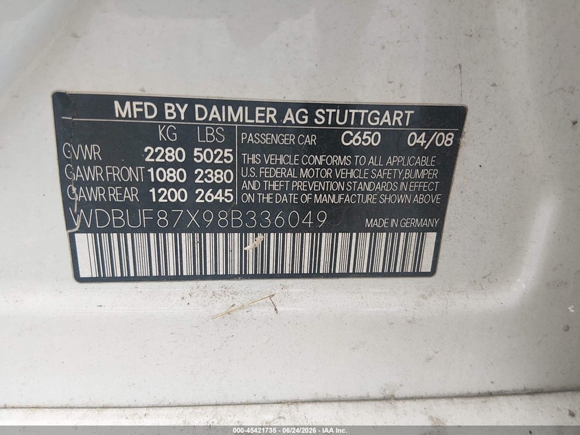 2008 Mercedes-benz E-class VIN WDBUF87X98B336049 IAAI salvage auction — NORMAL WEAR, Clear (Mississippi), sold $250 on 2026-07-08 (photo 9)