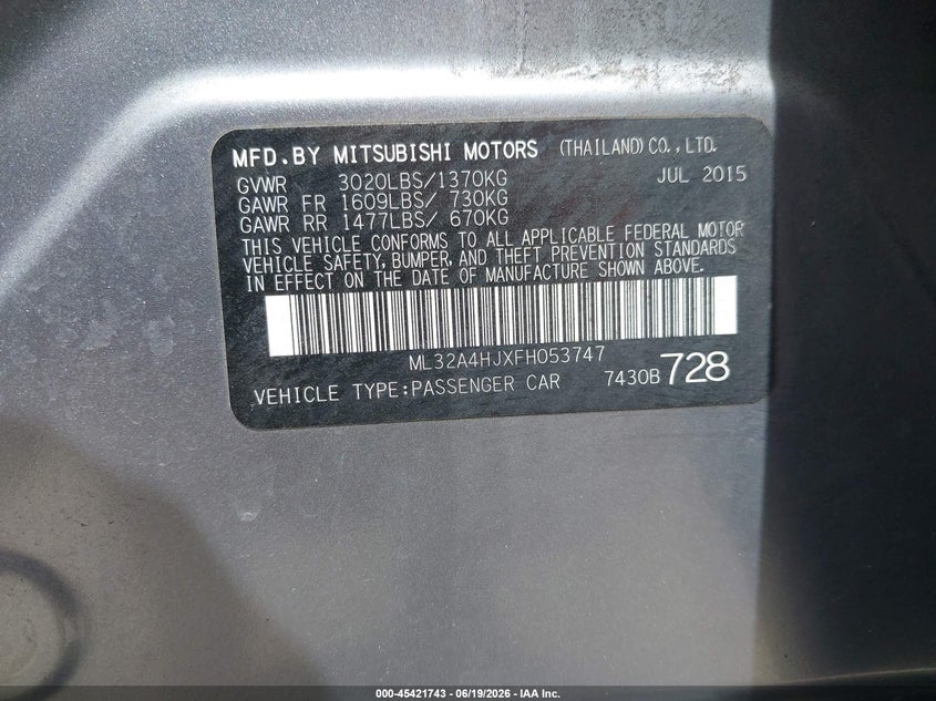 2015 Mitsubishi Mirage VIN ML32A4HJXFH053747 IAAI salvage auction — SIDE, Salvage (Pennsylvania), sold $900 on 2026-07-17 (photo 9)