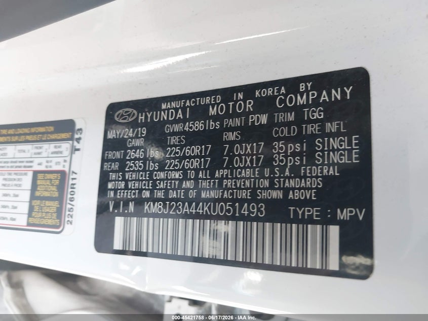2019 Hyundai Tucson VIN KM8J23A44KU051493 IAAI salvage auction — FRONT END, Salvage Title, sold $2,200 on 2026-07-29 (photo 9)