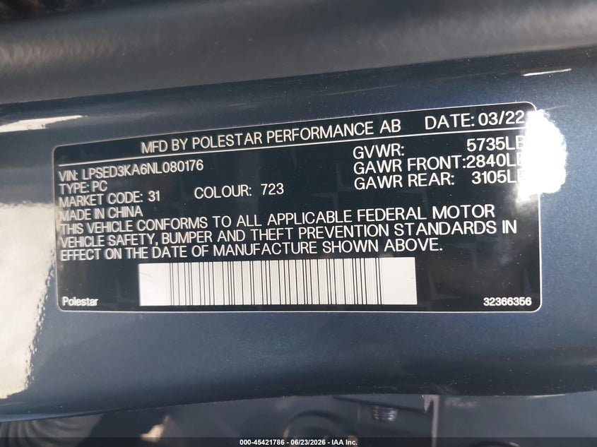 2022 Polestar 2 VIN LPSED3KA6NL080176 IAAI salvage auction — REAR END, Salvage Title, sold $8,850 on 2026-07-16 (photo 9)