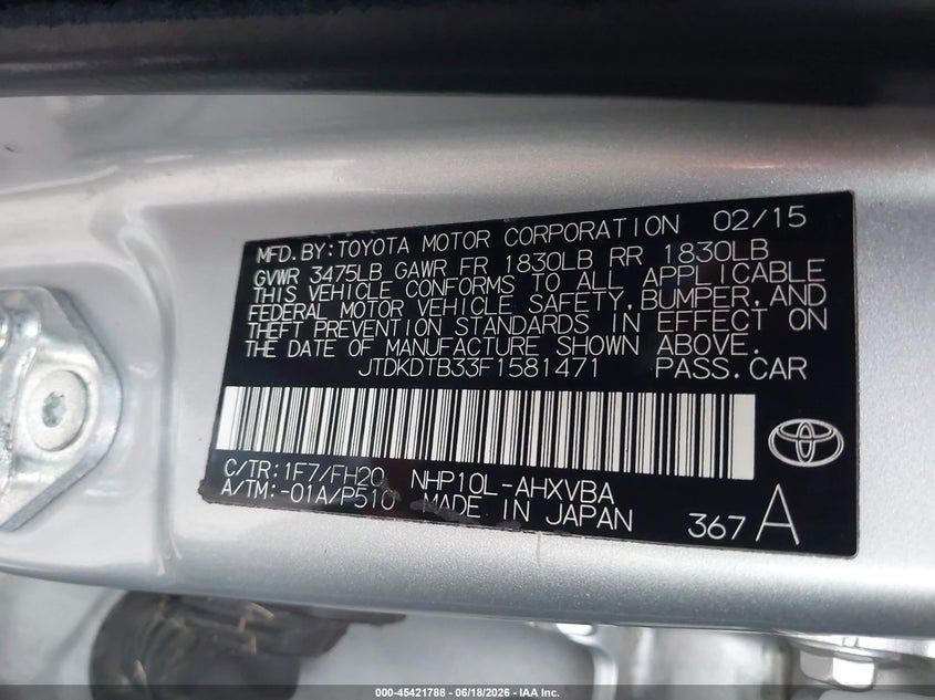 2015 Toyota Prius c VIN JTDKDTB33F1581471 IAAI salvage auction — NORMAL WEAR, Clear (Pennsylvania), sold $2,200 on 2026-07-17 (photo 9)