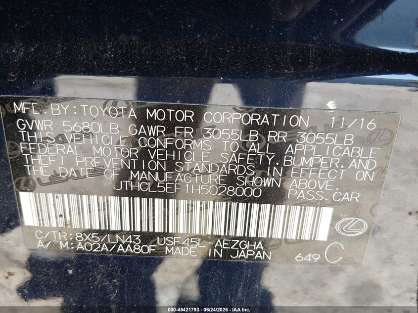 2017 Lexus Ls VIN JTHCL5EF1H5028000 IAAI salvage auction — LEFT FRONT, Salvage (Virginia), sold $5,275 on 2026-07-24 (photo 9)