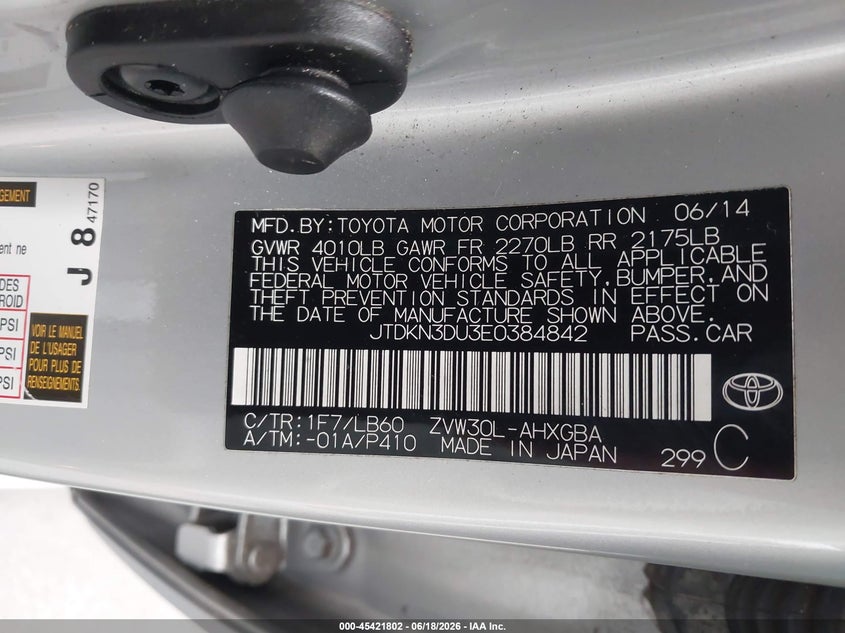 2014 Toyota Prius VIN JTDKN3DU3E0384842 IAAI salvage auction — RIGHT FRONT, Rebuildable (Florida), sold $3,625 on 2026-07-08 (photo 9)
