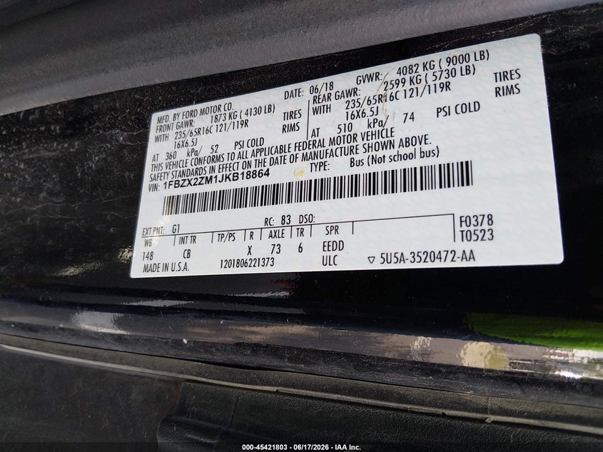 2018 Ford Transit-350 VIN 1FBZX2ZM1JKB18864 IAAI salvage auction — NORMAL WEAR, SF97 (Virginia), sold $24,175 on 2026-07-22 (photo 9)