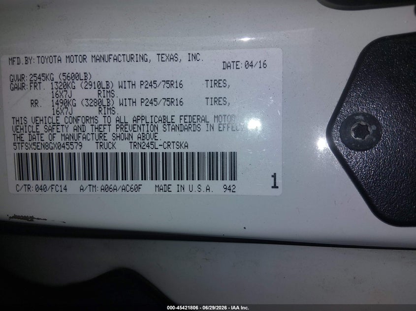 2016 Toyota Tacoma VIN 5TFSX5EN8GX045579 IAAI salvage auction — FRONT END, Salvage Title, sold $4,100 on 2026-07-31 (photo 9)