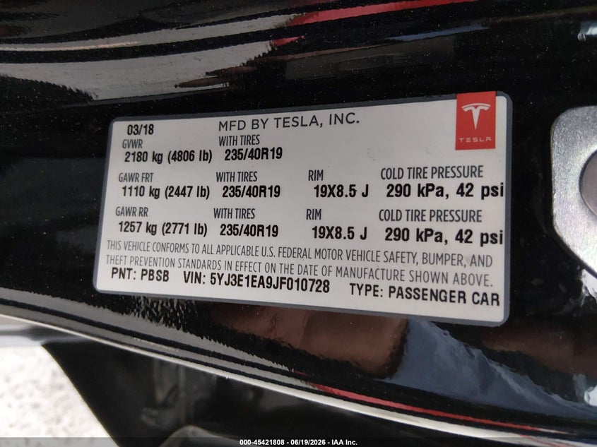 2018 Tesla Model 3 VIN 5YJ3E1EA9JF010728 IAAI salvage auction — FRONT END, Salvage (California), sold $7,200 on 2026-07-08 (photo 9)