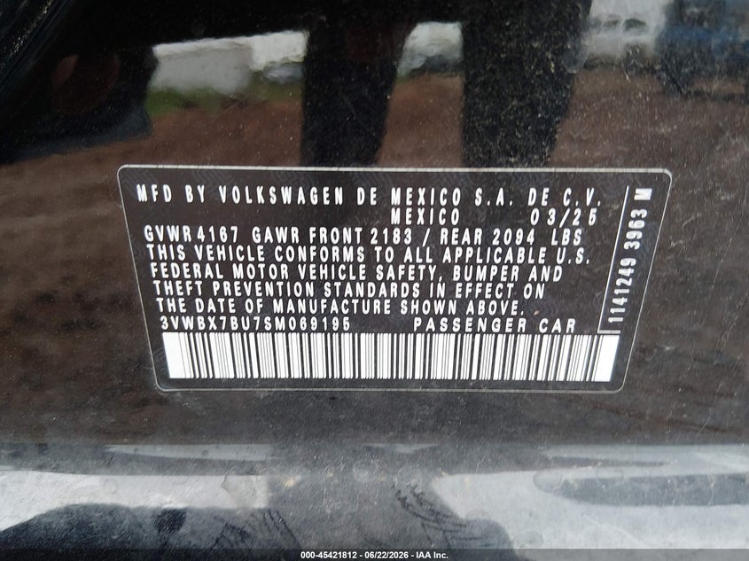 2025 Volkswagen Jetta VIN 3VWBX7BU7SM069195 IAAI salvage auction — HAIL, Clear (Missouri), sold $9,000 on 2026-07-30 (photo 9)