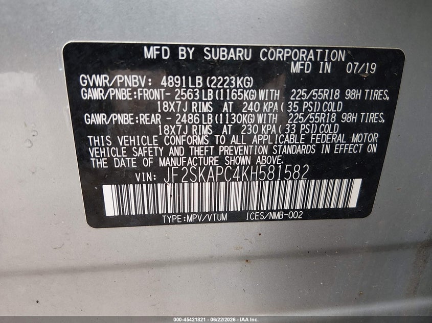 2019 Subaru Forester VIN JF2SKAPC4KH581582 IAAI salvage auction — FRONT END, Junk Bill Of Sale Mv2459 (Wisconsin), sold $2,750 on 2026-07-15 (photo 9)