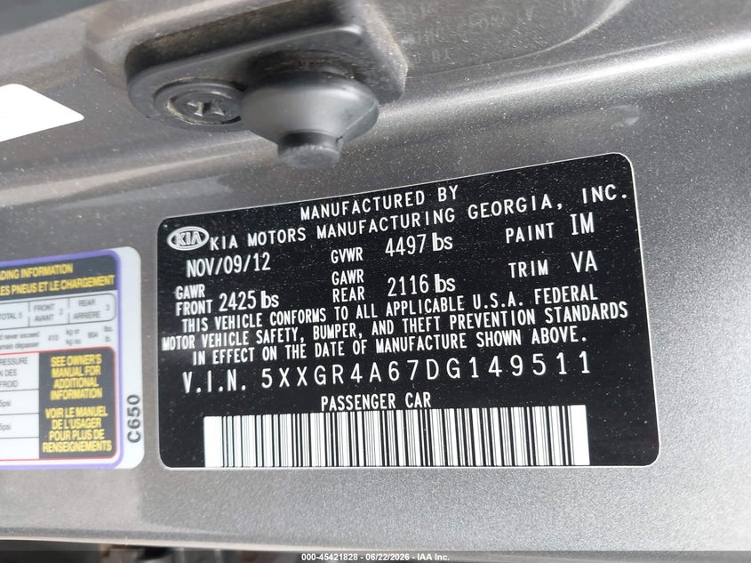 2013 Kia Optima VIN 5XXGR4A67DG149511 IAAI salvage auction — FRONT END, Salvage Title, sold $25 on 2026-07-27 (photo 9)