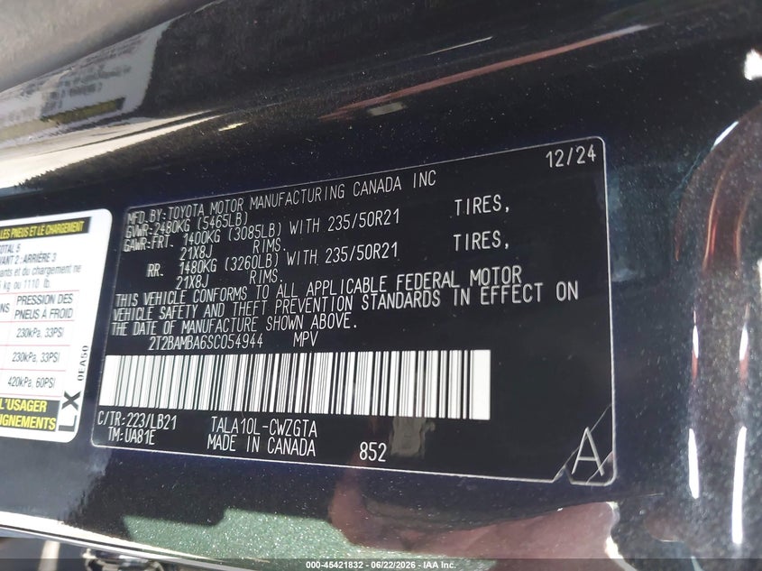 2025 Lexus Rx VIN 2T2BAMBA6SC054944 IAAI salvage auction — FRONT END, Wait Title, sold $20,100 on 2026-08-14 (photo 9)