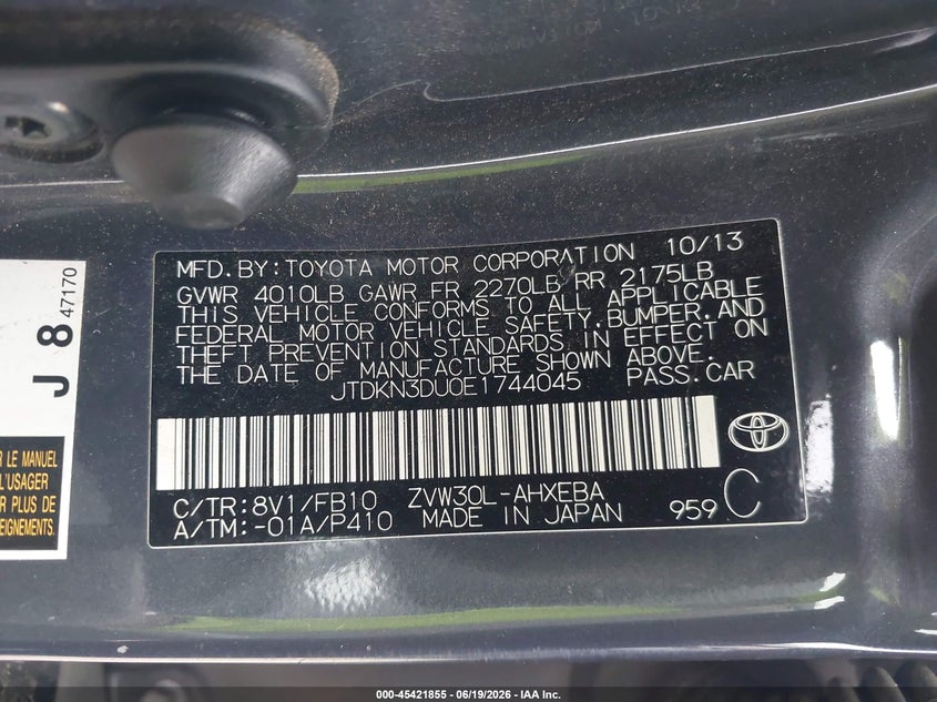 2014 Toyota Prius VIN JTDKN3DU0E1744045 IAAI salvage auction — LEFT REAR, Salvage (California), sold $3,400 on 2026-07-15 (photo 9)