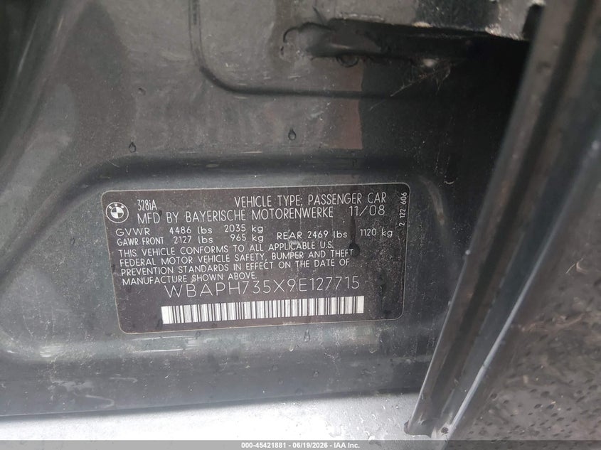 2009 BMW 3 series VIN WBAPH735X9E127715 IAAI salvage auction — REAR END, Clear (Virginia), sold $300 on 2026-07-28 (photo 9)
