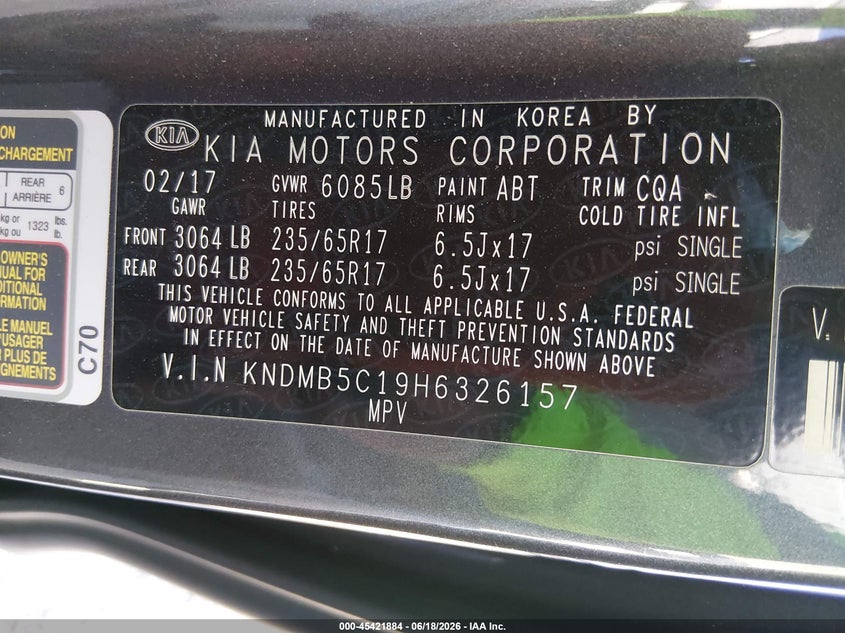 2017 Kia SEDONA VIN KNDMB5C19H6326157 IAAI salvage auction — NORMAL WEAR, Clear-Dealer Only (Arizona), sold $700 on 2026-07-28 (photo 9)
