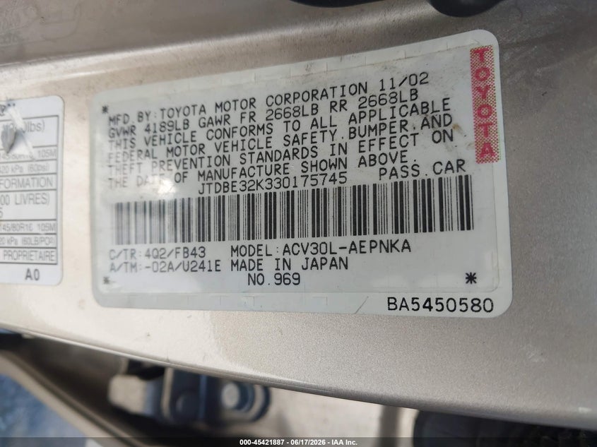 2003 Toyota Camry VIN JTDBE32K330175745 IAAI salvage auction — NORMAL WEAR, Clear - Dealer Only (California), sold $350 on 2026-07-09 (photo 9)