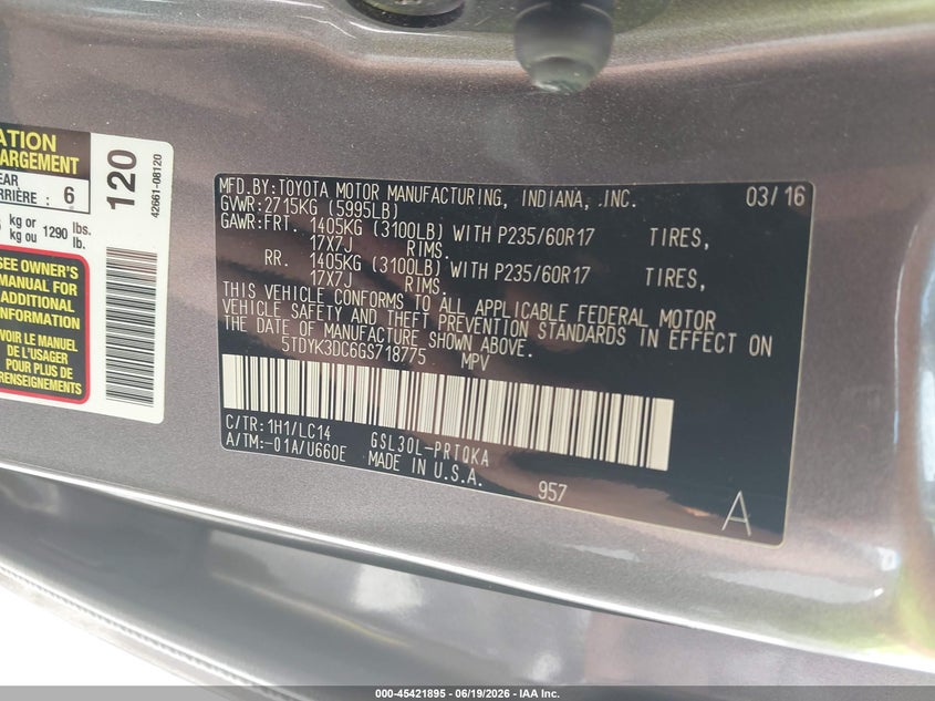 2016 Toyota Sienna VIN 5TDYK3DC6GS718775 IAAI salvage auction — REAR END, Rebuildable (Florida), sold $3,850 on 2026-07-23 (photo 9)