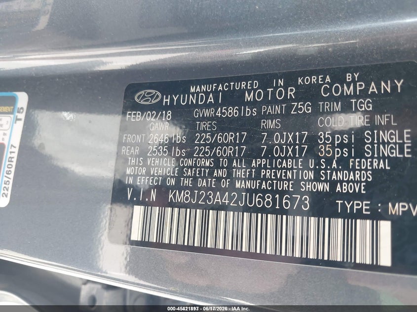 2018 Hyundai Tucson VIN KM8J23A42JU681673 IAAI salvage auction — NORMAL WEAR, Sf97 (Nevada), sold $3,550 on 2026-07-28 (photo 9)