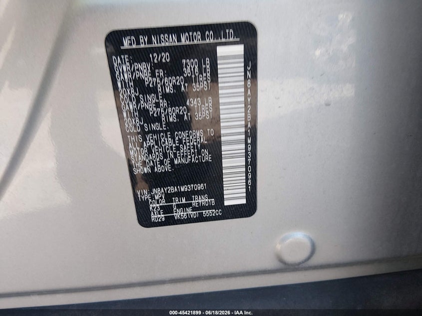 2021 Nissan Armada VIN JN8AY2BA1M9370961 IAAI salvage auction — REAR END, Clear (Tennessee), sold $10,000 on 2026-07-28 (photo 9)
