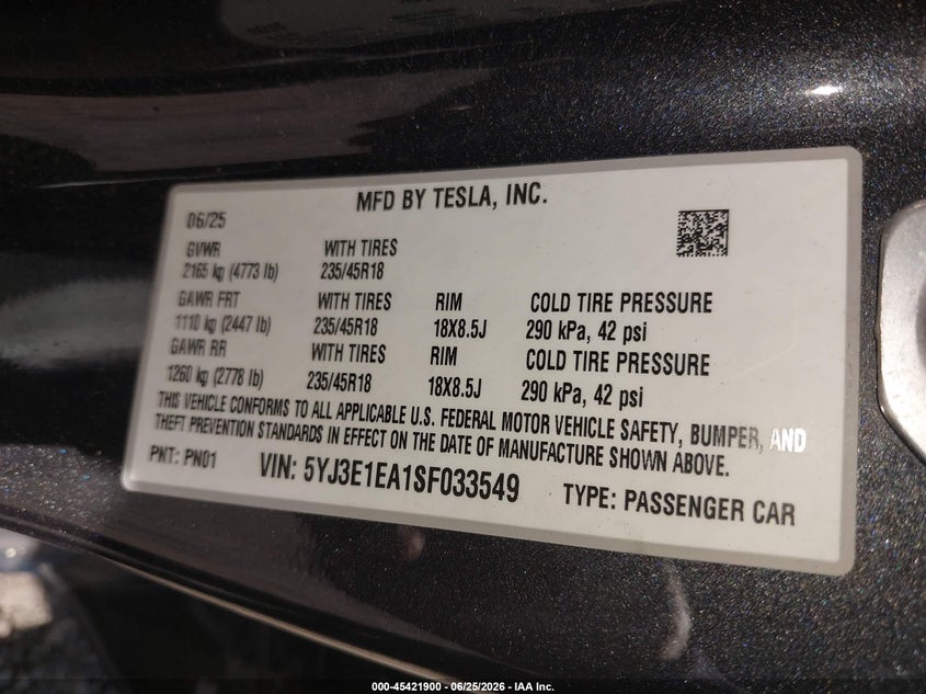 2025 Tesla Model 3 VIN 5YJ3E1EA1SF033549 IAAI salvage auction — FRONT END, Salvage (New Jersey), sold $11,500 on 2026-07-30 (photo 9)