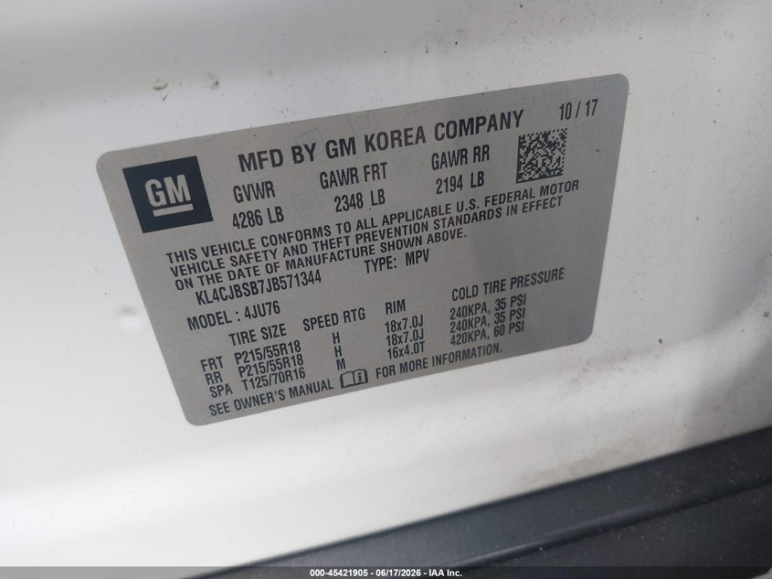2018 Buick Encore VIN KL4CJBSB7JB571344 IAAI salvage auction — NORMAL WEAR, Clear (New Jersey), sold $2,000 on 2026-07-14 (photo 9)