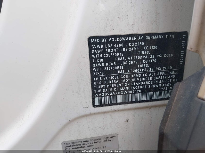 2013 Volkswagen Tiguan VIN WVGBV3AX3DW057170 IAAI salvage auction — NORMAL WEAR, Clear (Massachusetts), sold $400 on 2026-07-14 (photo 9)