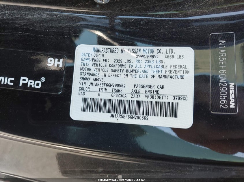 2016 Nissan Gt-r VIN JN1AR5EF6GM290562 IAAI salvage auction — ROOF, Salvage (Nevada), sold $18,100 on 2026-07-23 (photo 9)