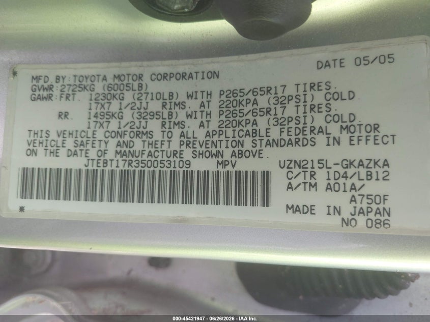 2005 Toyota 4runner VIN JTEBT17R350053109 IAAI salvage auction — NORMAL WEAR, Clear (Virginia), sold $1,150 on 2026-07-09 (photo 9)