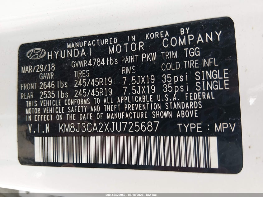2018 Hyundai Tucson VIN KM8J3CA2XJU725687 IAAI salvage auction — NORMAL WEAR, Clear (Delaware), sold $2,850 on 2026-07-27 (photo 9)