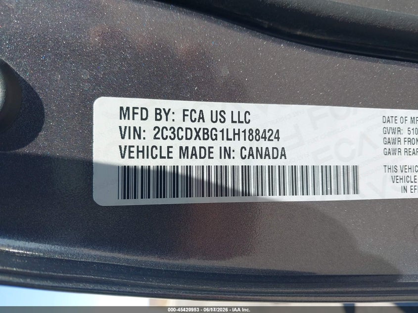 2020 Dodge Charger VIN 2C3CDXBG1LH188424 IAAI salvage auction — NORMAL WEAR, Sf97 (Nevada), sold $15,700 on 2026-07-28 (photo 9)