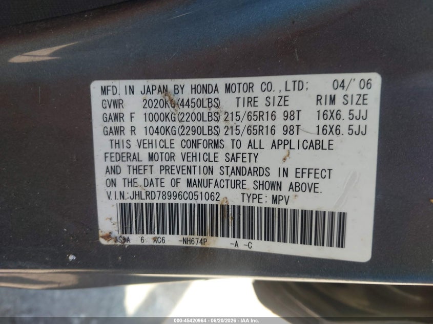 2006 Honda Cr-v VIN JHLRD78996C051062 IAAI salvage auction — ROLLOVER, Salvage (Missouri), sold $500 on 2026-08-01 (photo 9)