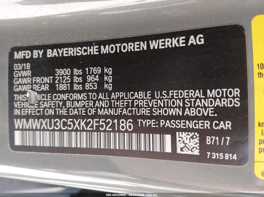2019 Mini Hard top VIN WMWXU3C5XK2F52186 IAAI salvage auction — REAR END, Bill Of Sale (Washington), sold $4,100 on 2026-07-08 (photo 9)