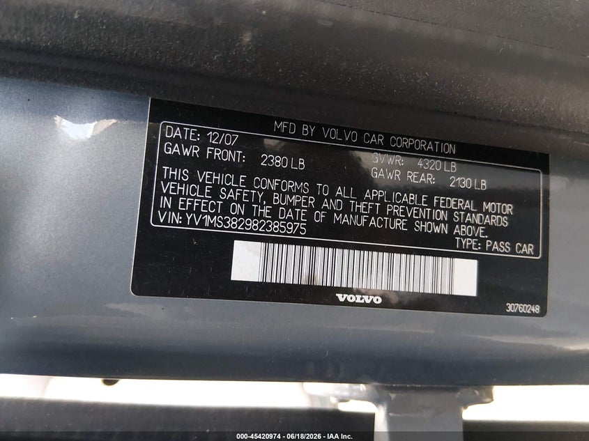 2008 Volvo S40 VIN YV1MS382982385975 IAAI salvage auction — FRONT END, Salvage (Illinois), sold $300 on 2026-08-04 (photo 9)