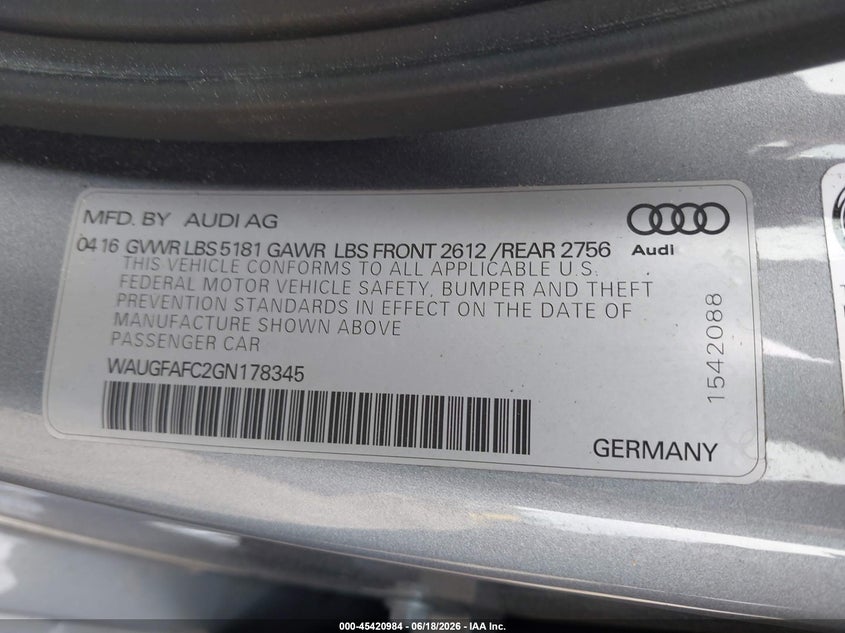 2016 Audi A6 VIN WAUGFAFC2GN178345 IAAI salvage auction — FRONT END, Salvage Title, sold $4,000 on 2026-07-16 (photo 9)