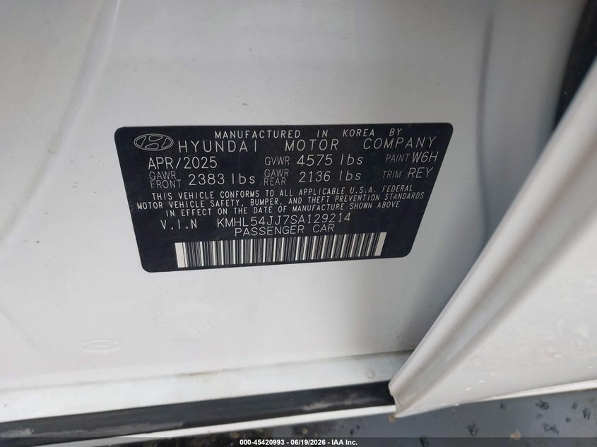 2025 Hyundai Sonata VIN KMHL54JJ7SA129214 IAAI salvage auction — SIDE, Salvage (Texas), sold $11,100 on 2026-07-11 (photo 9)