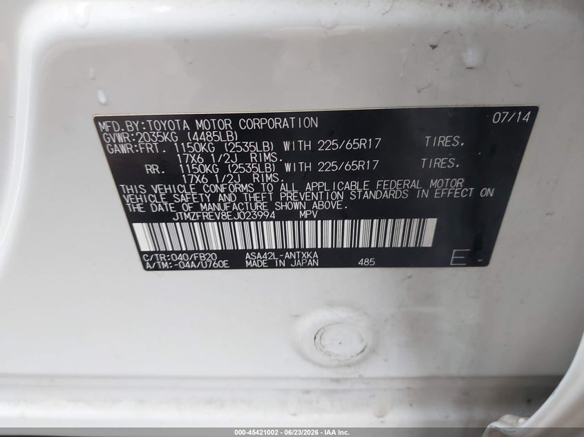 2014 Toyota Rav 4 VIN JTMZFREV8EJ023994 IAAI salvage auction — HAIL, Clear (Oklahoma), sold $4,800 on 2026-07-29 (photo 9)