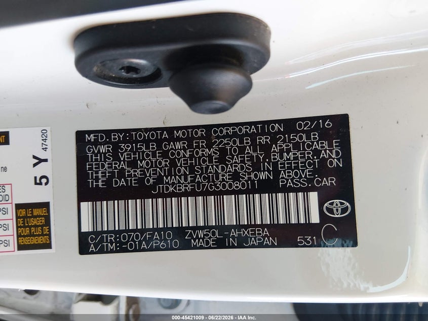 2016 Toyota Prius VIN JTDKBRFU7G3008011 IAAI salvage auction — FRONT END, Salvage (Arizona), sold $4,150 on 2026-07-28 (photo 9)