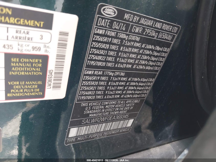 2014 Land rover Range rover sport VIN SALWR2WF0EA369345 IAAI salvage auction — NORMAL WEAR, Clear (Florida), sold $1,850 on 2026-07-23 (photo 9)
