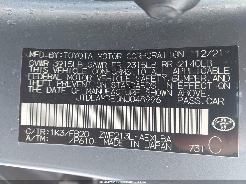 2022 Toyota Corolla VIN JTDEAMDE3NJ048996 IAAI salvage auction — LEFT FRONT, Rebuildable (Florida), sold $4,950 on 2026-07-07 (photo 9)
