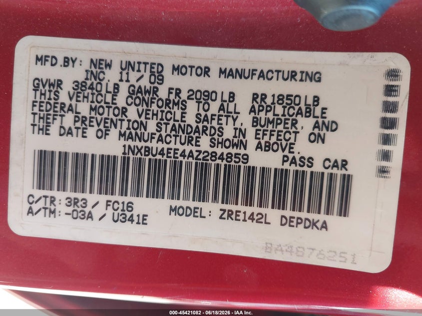 2010 Toyota Corolla VIN 1NXBU4EE4AZ284859 IAAI salvage auction — NORMAL WEAR, Clear (Missouri), sold $1,625 on 2026-07-19 (photo 9)