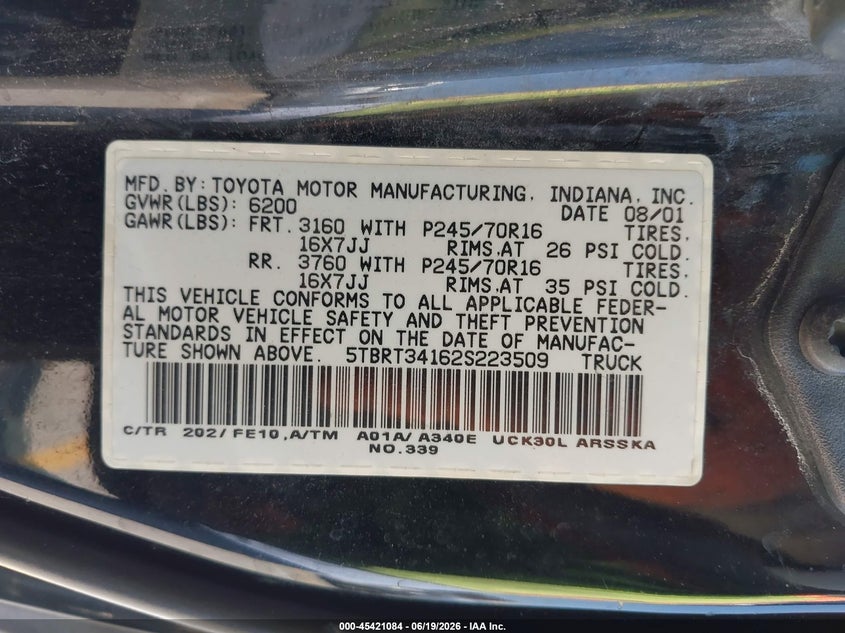 2002 Toyota Tundra VIN 5TBRT34162S223509 IAAI salvage auction — FRONT END, Salvage (California), sold $1,125 on 2026-07-14 (photo 9)
