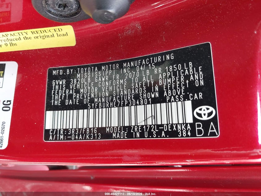 2015 Toyota Corolla VIN 5YFBURHE7FP304801 IAAI salvage auction — FRONT END, Salvage Title, sold $1,325 on 2026-07-29 (photo 9)