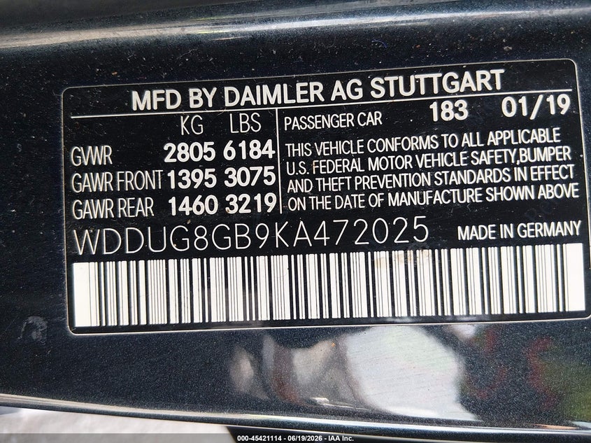 2019 Mercedes-benz S-klasse VIN WDDUG8GB9KA472025 IAAI salvage auction — FRONT END, Salvage (New Jersey), sold $25 on 2026-08-20 (photo 9)
