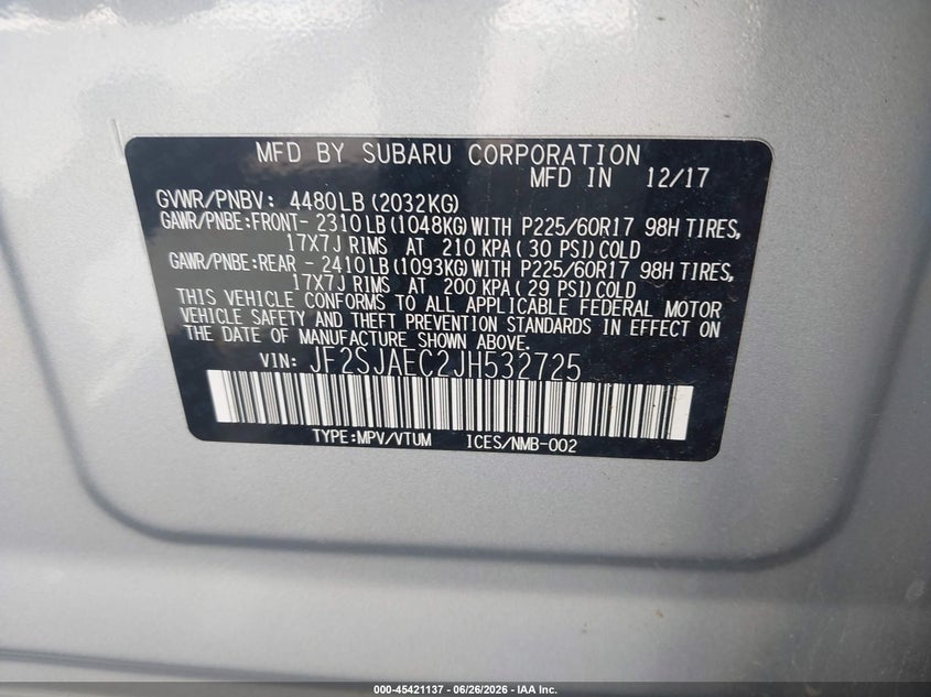 2018 Subaru Forester VIN JF2SJAEC2JH532725 IAAI salvage auction — HAIL, Mv-907A (New York), sold $725 on 2026-07-16 (photo 9)