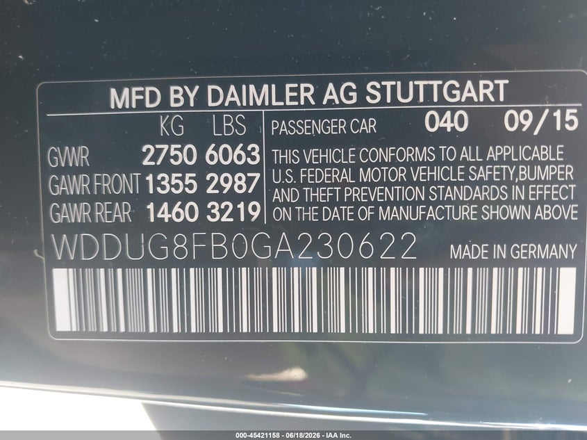 2016 Mercedes-benz S-klasse VIN WDDUG8FB0GA230622 IAAI salvage auction — RIGHT FRONT, Salvage Title, sold $9,500 on 2026-08-13 (photo 9)