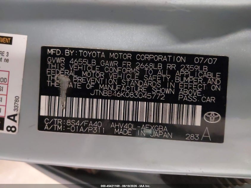 2008 Toyota Camry hybrid VIN JTNBB46K083045772 IAAI salvage auction — NORMAL WEAR, Clear (Minnesota), sold $325 on 2026-07-29 (photo 9)