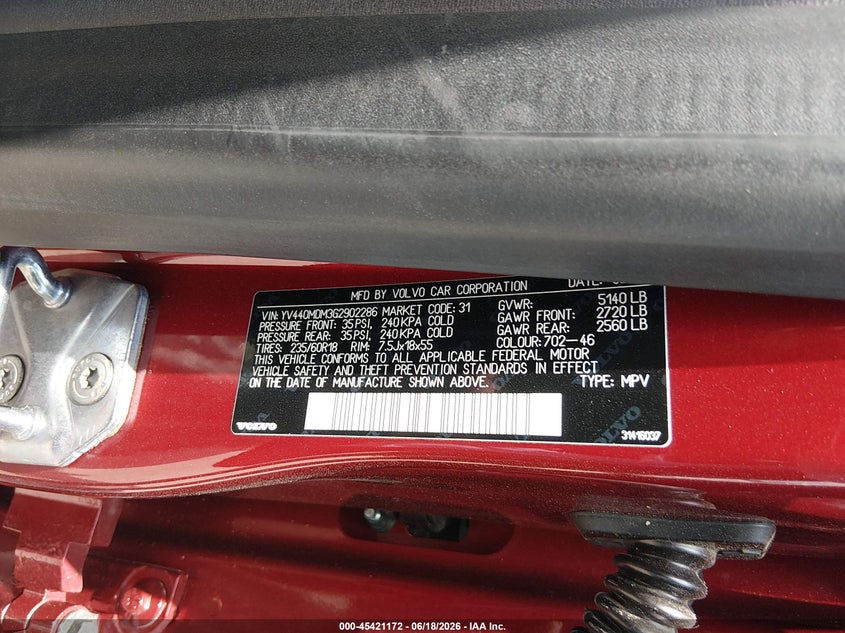 2016 Volvo Xc60 VIN YV440MDM3G2902286 IAAI salvage auction — FRONT END, Salvage Title, sold $1,500 on 2026-08-18 (photo 9)